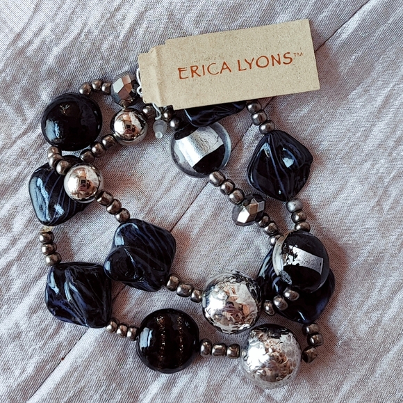 Erica Lyons Art Glass Silver Foil Crystal Beaded Bracelet and Earrings Set NOC - Picture 9 of 13